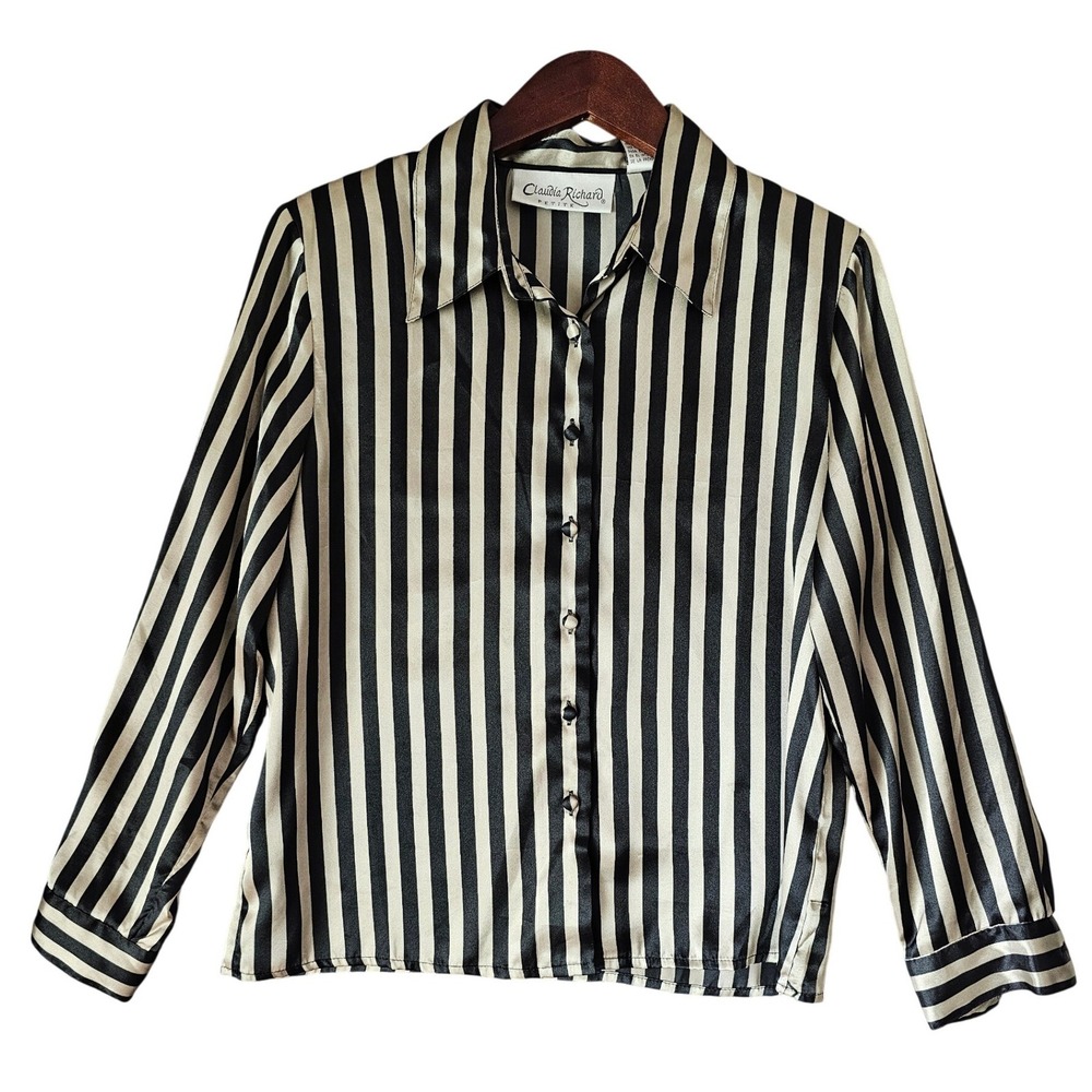 Claudia Richard Petite Black Champagne Gold Striped Satin Button Down Blouse
